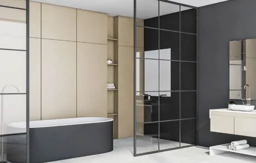Baño con sólidos y madera clara