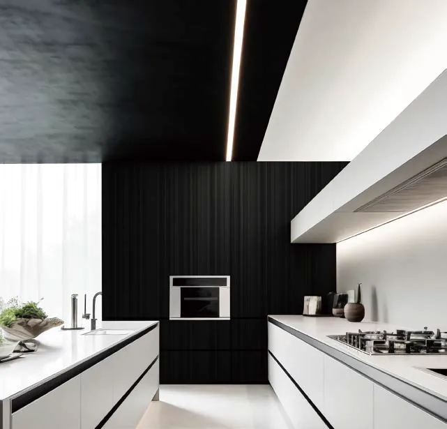 Cocina con muro metálico oscuro