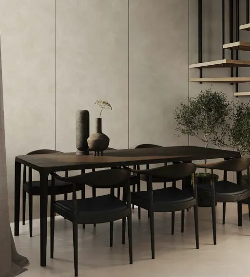 Comedor con muro de piedra
