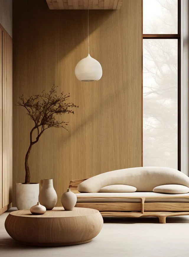 Living con muro revestido en madera SOIF